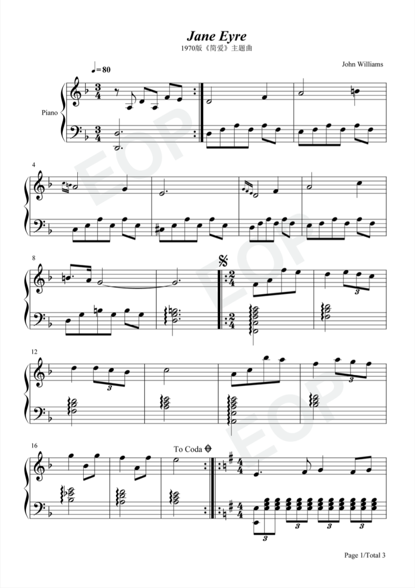 John Williams Jane Eyre Sheet Music Downloads